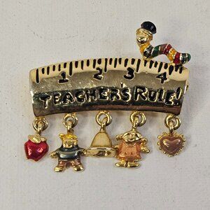 Danecraft Gold Tone Teachers Rule! Charms Brooch Pin Marked